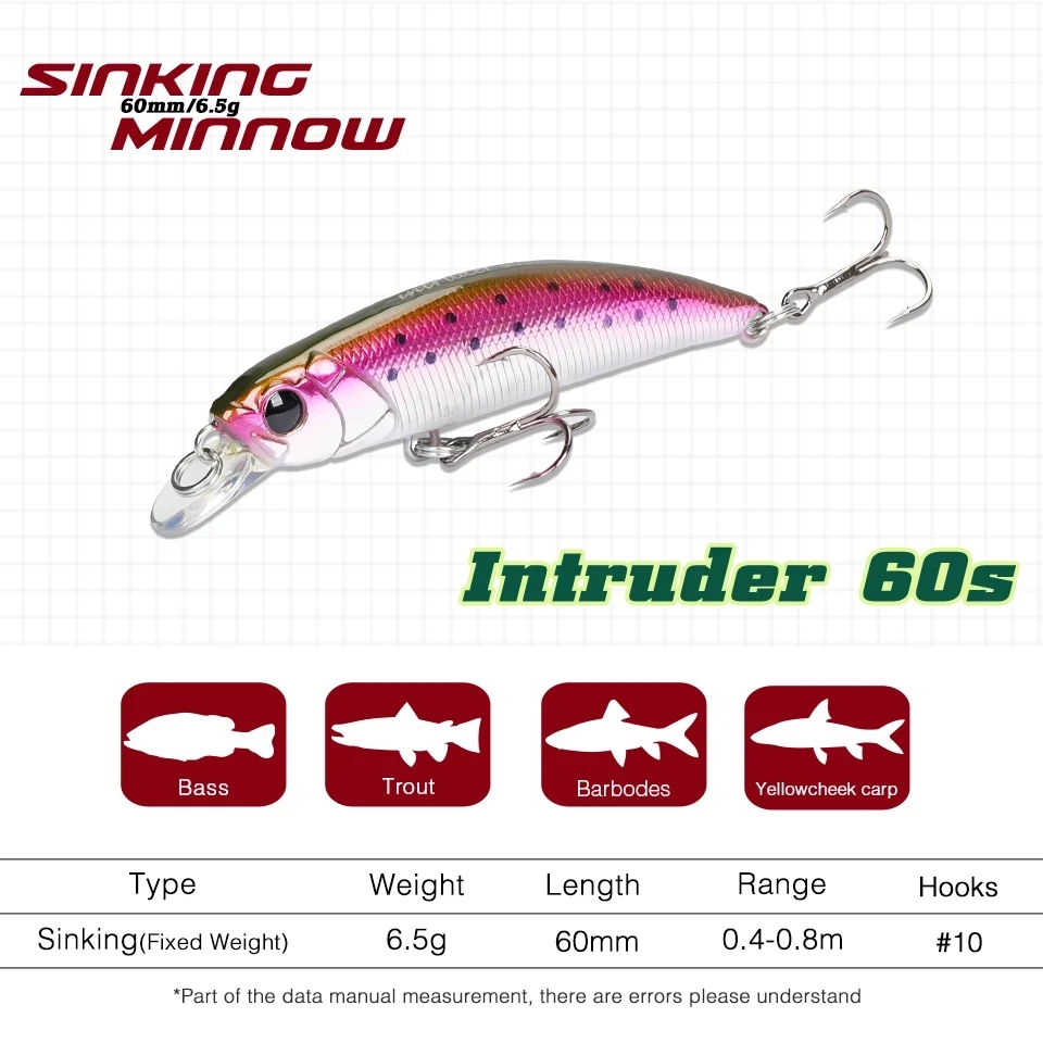 

TSURINOYA Sinking Minnow Fishing Lure 60S Set 6pcs 60mm 6.5g Artificial Hard Baits Trout Pike Bass Stream Jerkbait Wobbler