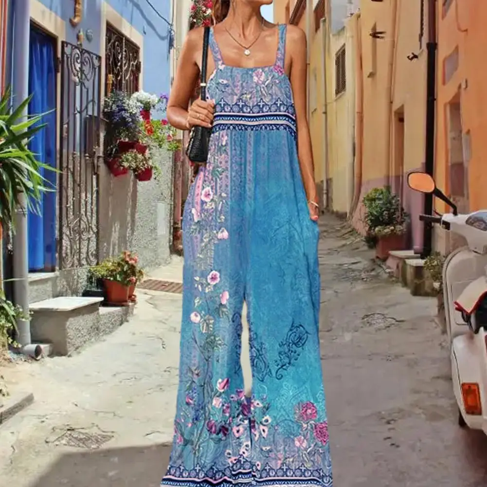 

Женский комбинезон на подтяжках в европейском и американском стиле с широкими штанинами и винтажным богемным цветочным принтом и квадратным вырезом