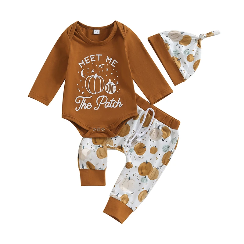 

Baby Boy Halloween Outfit Meet Me at the Patch Long Sleeve Romper Pumpkin Pants Hat 3Pcs Halloween Clothes