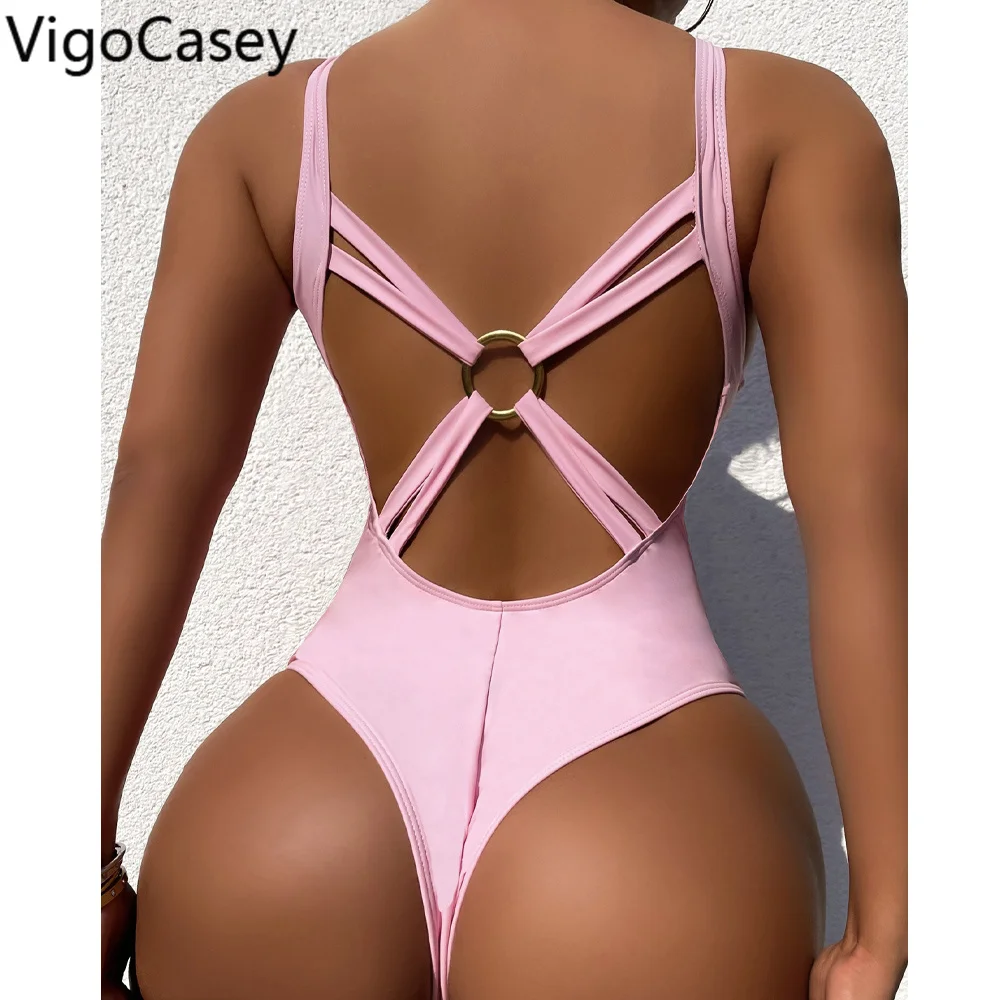 

VigCasey 2022 Pink Strapped Swimwear Women Sexy Push Up One Piece Swimsuit Monokini Backless Cross Hollow Summer Bathing Suit