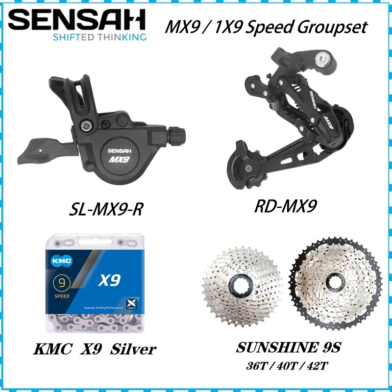 SENSAH MX9 1X9S Groupset 9 Speed Shift lever + Rear Derailleur + SUNSHINE 9V Cassette 36T 40T 42T + VXM 9s Chains