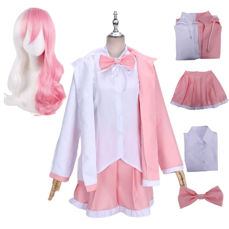

Anime Dangan Ronpa Monomi Cosplay Costume Pink Long Wig Danganronpa JK School Uniform Hooded Jacket Girl Skirt Shirt Full Set