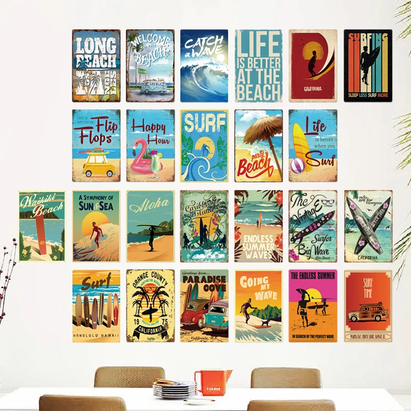 

Surfing Beach Metal Sign Waves Summer Metal Painting Poster Wall Pictures Art Plate Bar Porch Surfing Club Wall Tin Sign Sticker
