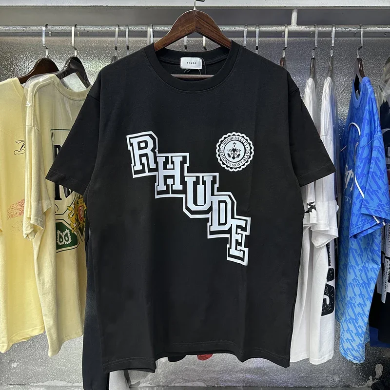 Фото Мужская футболка Rhude High Street, высококачественные летние модные повседневные топы с короткими рукавами и принтом №1