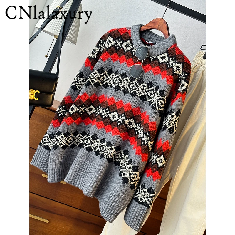 

CNlalaxury Autumn Winter Women Loose Jacquard Knit Sweater Casual Vintage Long Sleeve Crew Neck Sweaters Pullover Tops Jumper
