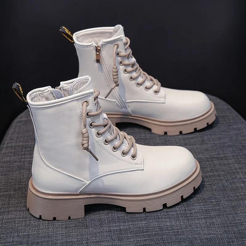 Beige Combat Boots For Women Platform Motorcycle Boots 2022 New Fashion Lace Up PU Leather Short Ankle Boots Female Designer