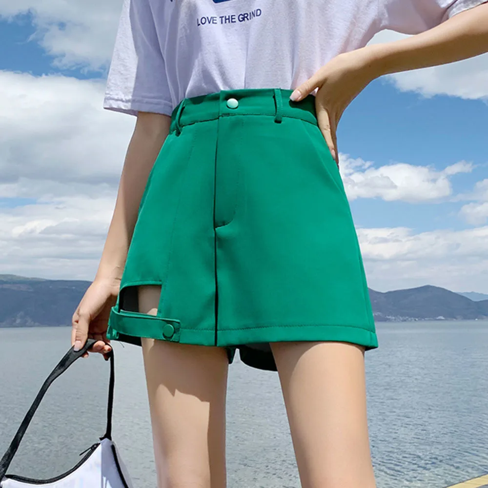 

New Summer Women Casual High Waist Hollow Out Shorts Office Lady Loose Solid Color Green Black White Shorts