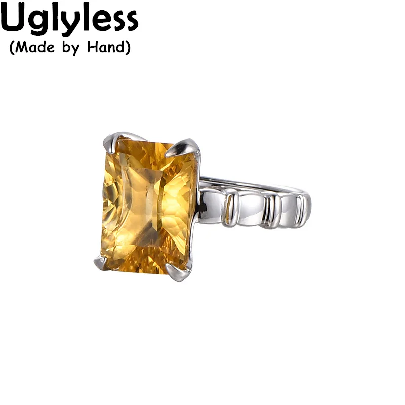 

Uglyless Simple Cutting Rectangle Amethyst Citrine Rings Women Nature Deep Purple Crystals Ring 925 Silver Fashion Dress Jewelry
