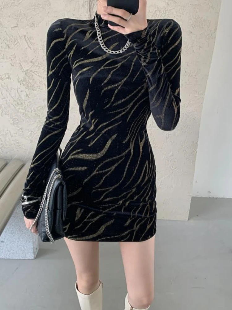 

Autumn and Winter Women's Dresses Black Zebra Pattern Long Sleeve Tight Hip Short Skirt Evening Party Dresses with Free Shipping