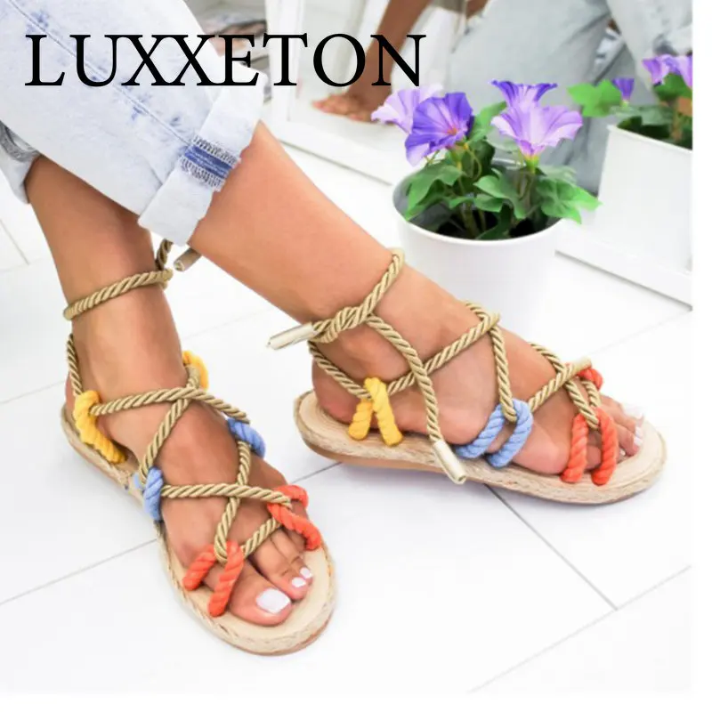 

Casual Sandals Colorful Slippers Set Toe Beach Plus Size Women Shoes Fashion Low Top Lace Up Strap 2022 New