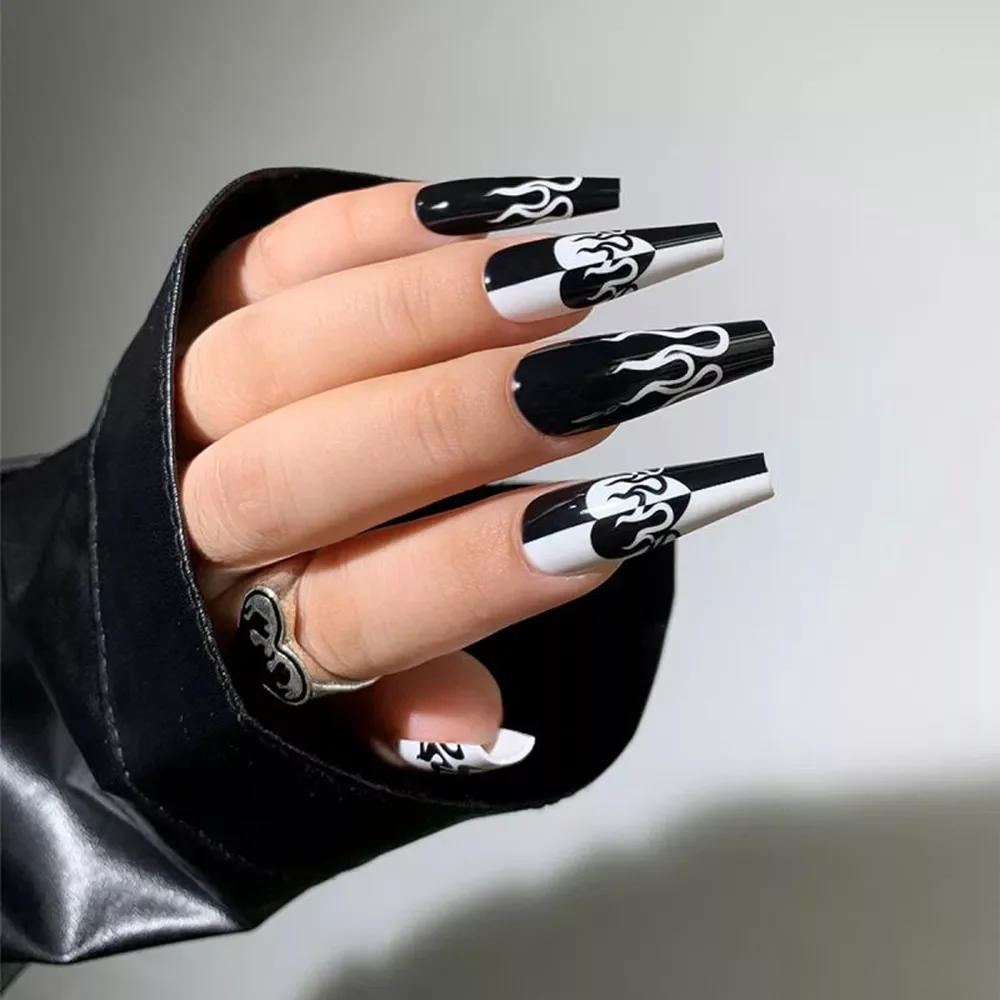 

24pcs Press on Nails Punk Black White Patchwork Fire Pattern Long Coffin False Nails Ballerina Fake Nail Art Manicure Full Tips