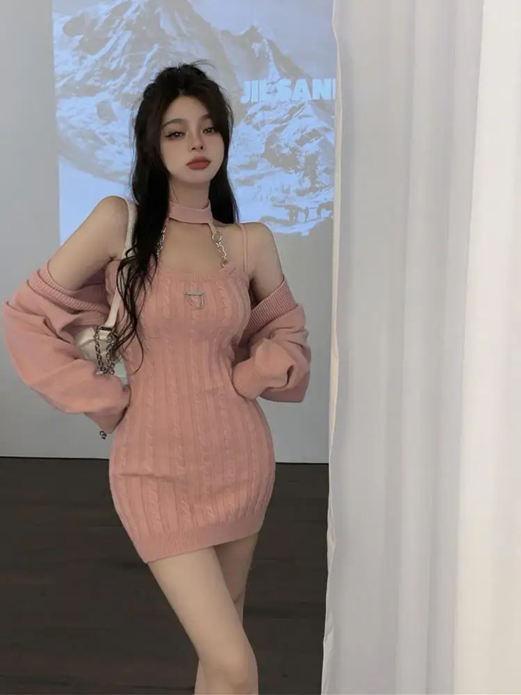 

Women's autumn winter 2023 new hot girl pink skirt waist tight sheathed short dress