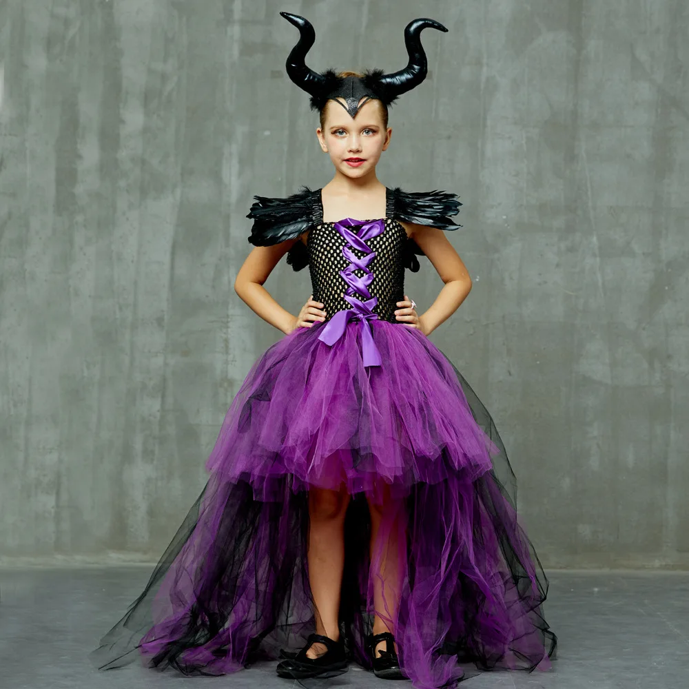 

Maleficent Costume for Kids Girl Cosplay Movie Costumes Dress Skirt Evil Witch Halloween Christmas and Masquerade Party Purple