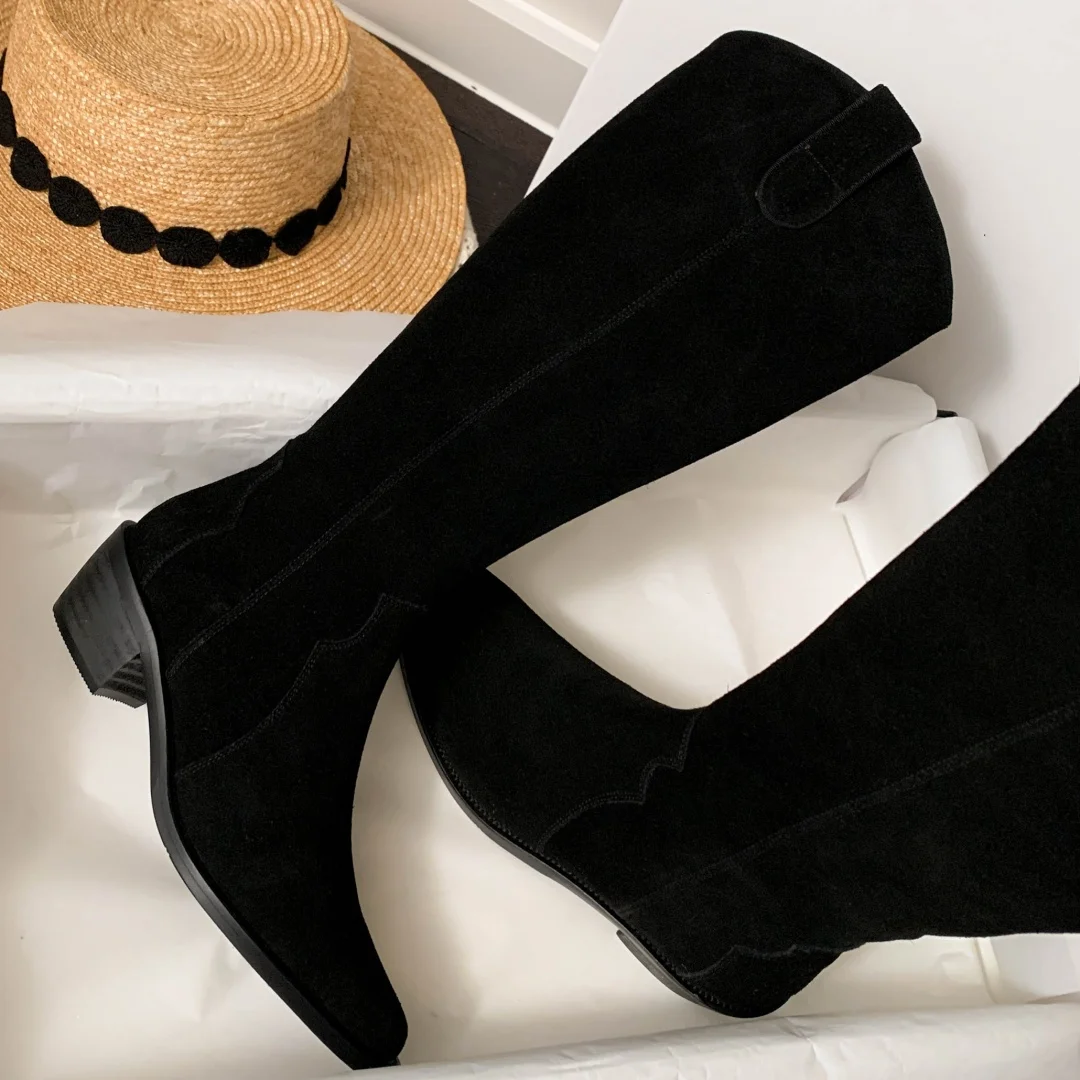 Женские осенние рыцарские сапоги до колена из натуральной замши с боковой