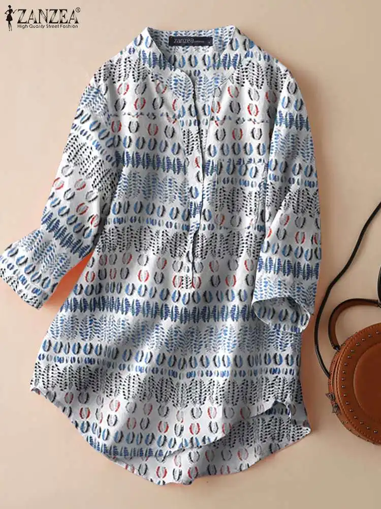 

2022 винтажная Свободная блузка с принтом, топы, женские блузы, большие размеры, ZANZEA, женские рубашки с рукавом 3/4 и круглым вырезом для вечевеч...