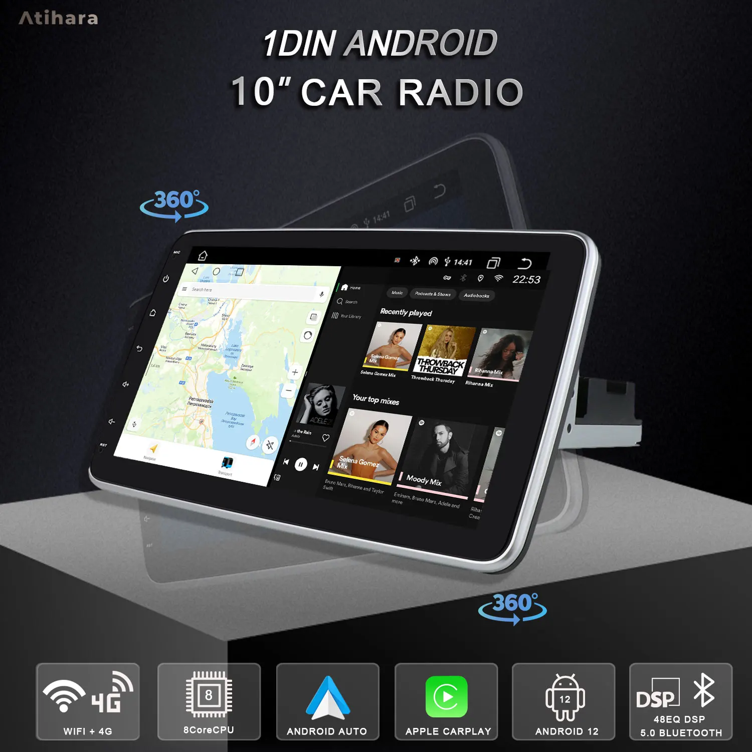 Atihara 10 1-дюймовый универсальный автомобильный мультимедийный видеоплеер радио