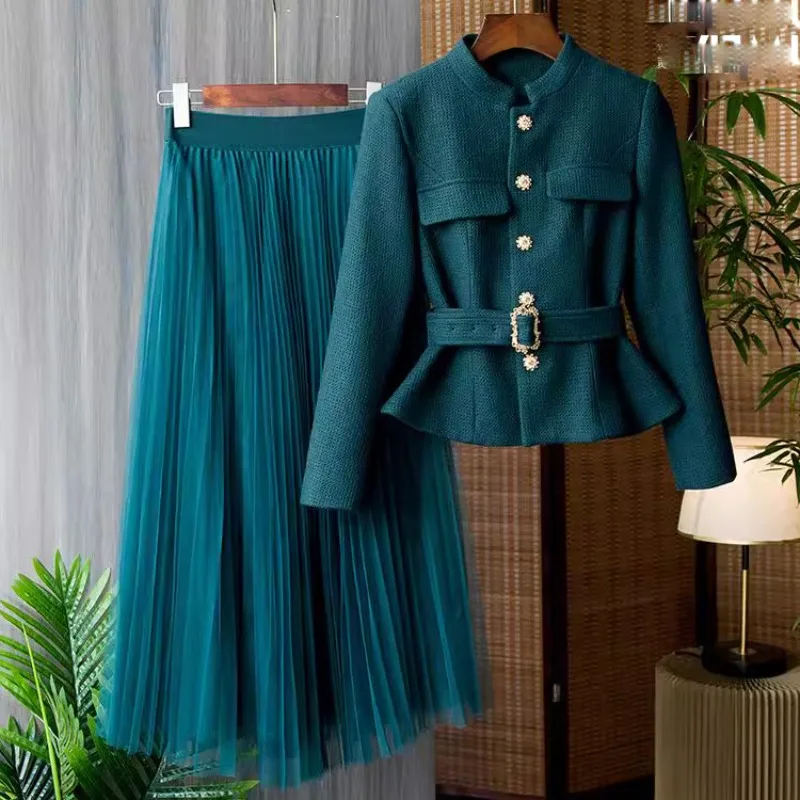 

2023 New Spring Autumn Style Temperament Coat Wrapped Waist Woolen Short Jacket Mesh Half Skirt Two Piece Set