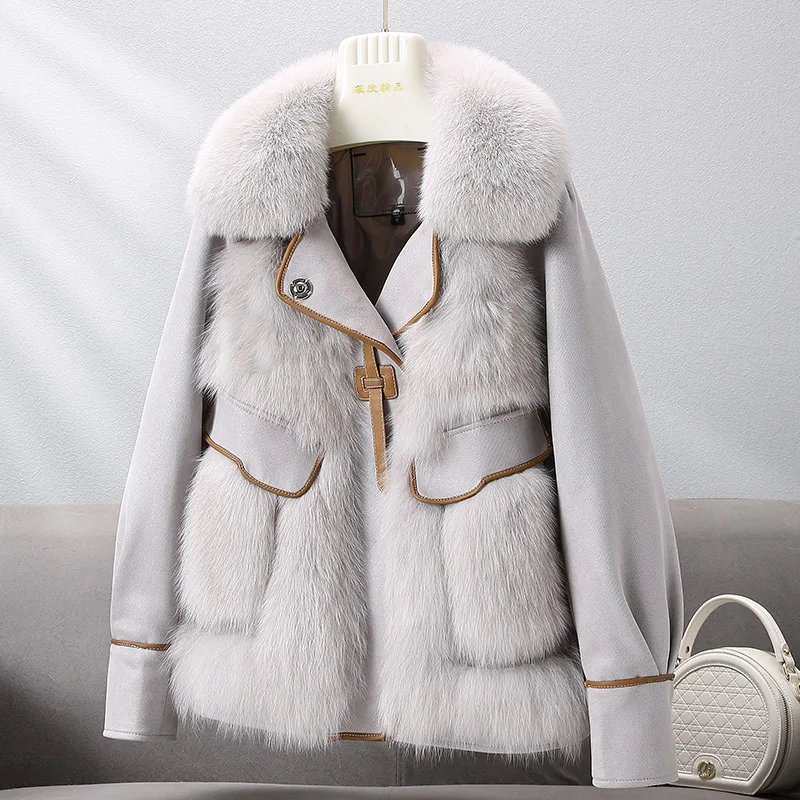 Faux Fur Coat Women's Woolen Coat Fashionable New Splicing Down Jacket Young Short Show Slim Lady Imitation Woolen Winter