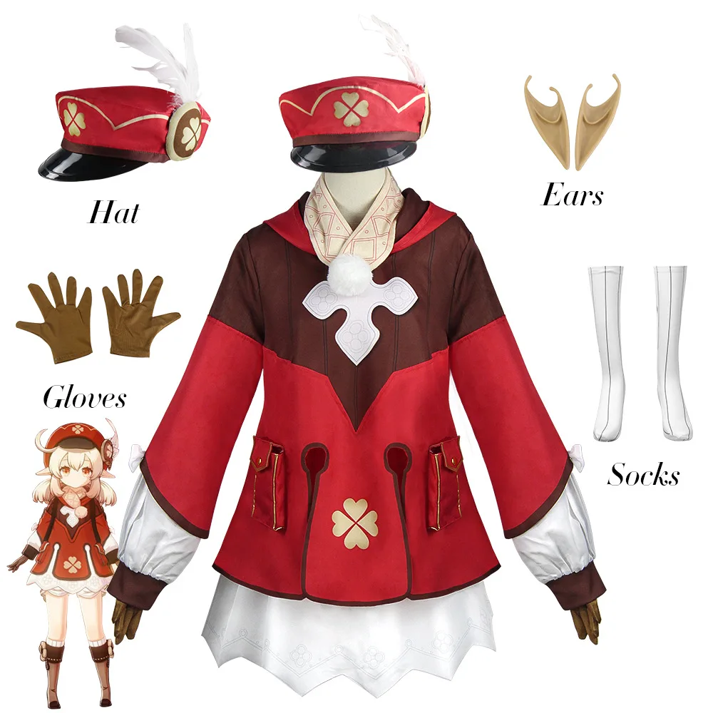

Игровой костюм Klee для косплея геншин ударопрочный Женский на Хэллоуин карнавальное красное платье лоли милый наряд шапка с перьями уши парик Полный комплект реквизит