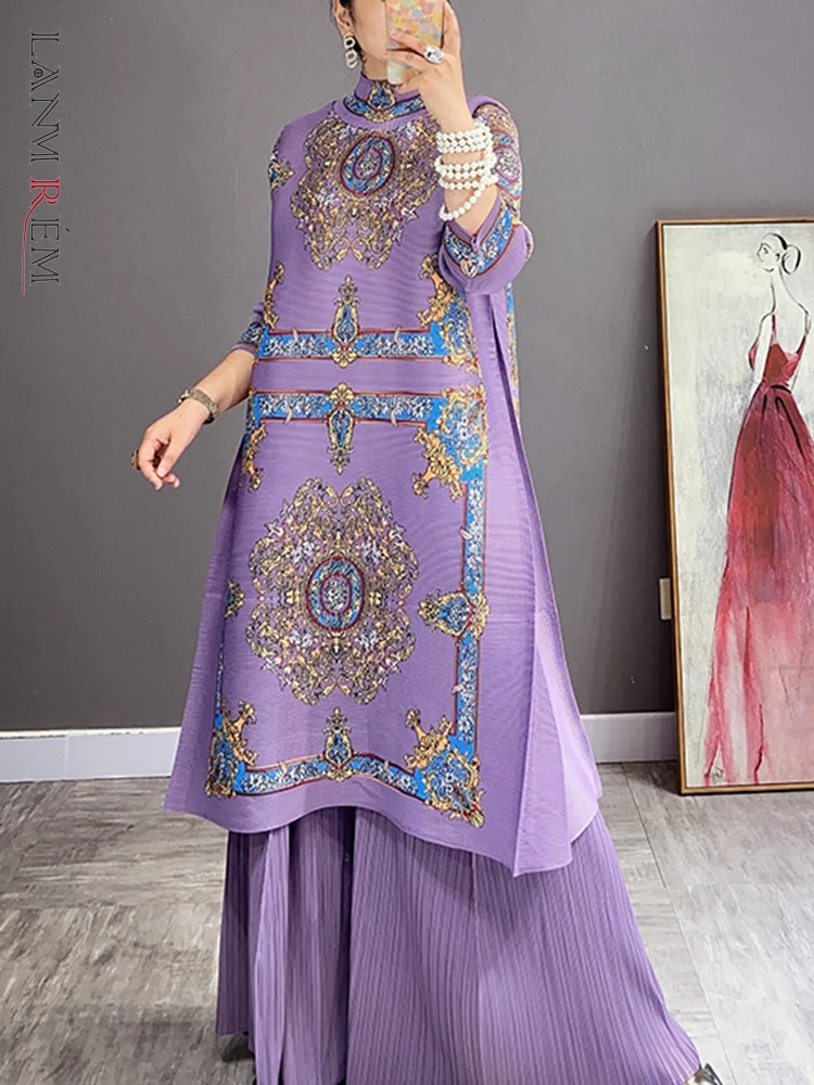 

LANMREM Tribal Ethnic Style Dress Two Pieces Sets For Women Flower Loose Printing Retro Dresses Wide-legged Pants Female 2N235