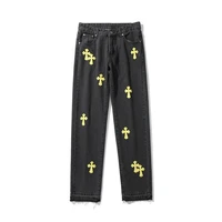 tide brand mens high street style hip hop loose straight trousers mens european and american retro leather cross jeans men