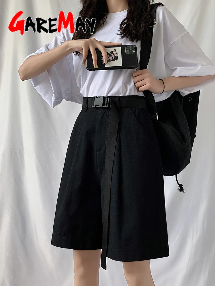 Женские хлопковые шорты длинные винтажные повседневные свободные черные