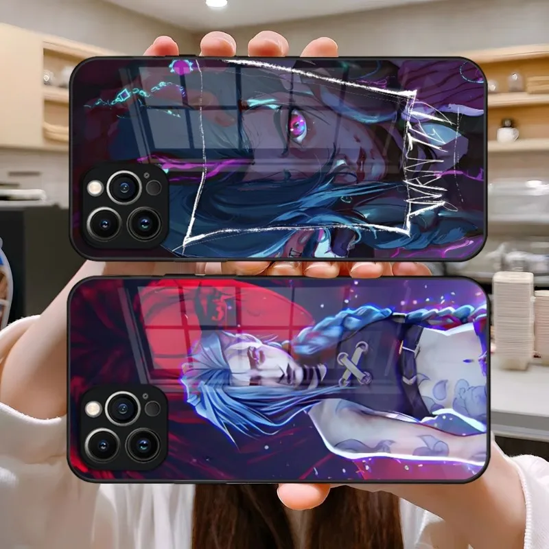 

Чехол для телефона с аниме Arcane Jinx, Роскошный дизайнерский стеклянный чехол для IPhone 14 Pro 12 11 13 Mini X XR XS Max 8 7 6 Plus SE, задняя крышка