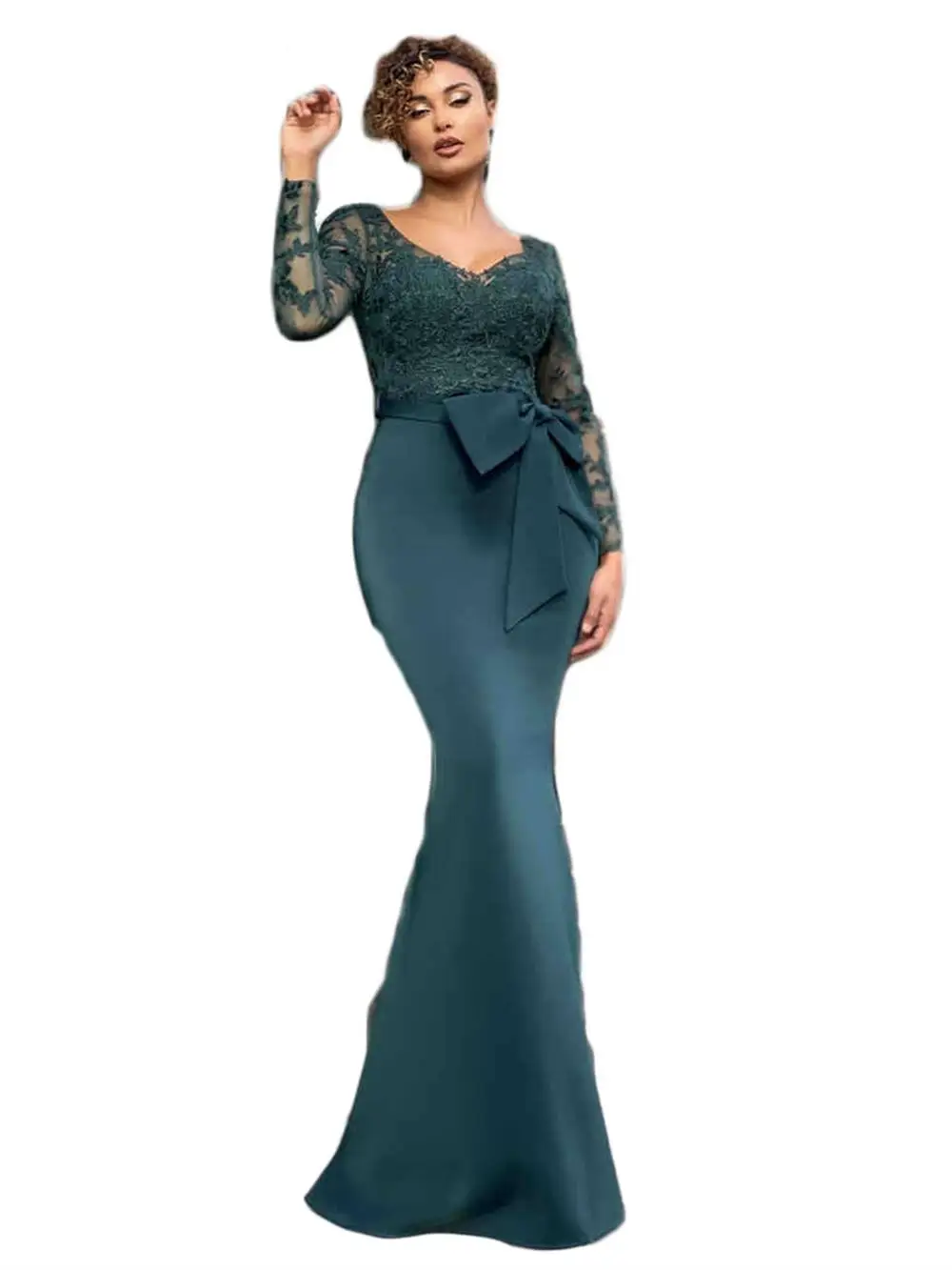 

2022 Elegant Fashion Lace V-Neck Long Sleeve Slim Fit Hip Wrap Trumpet Mermaid Floor-Length Dress Party Dress