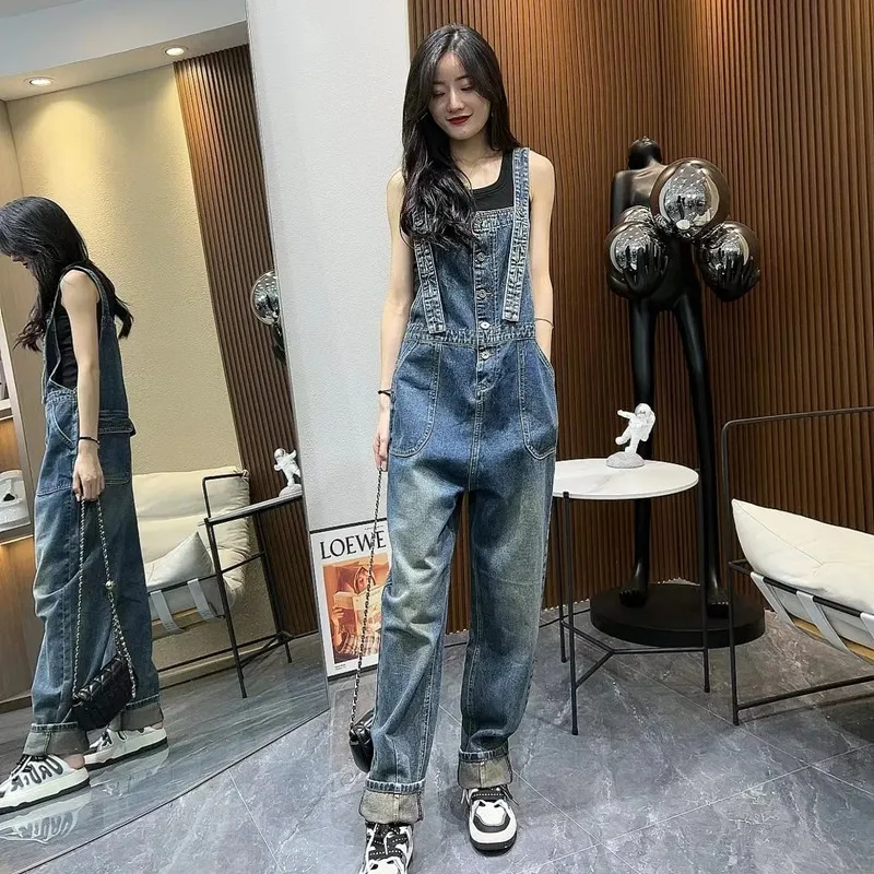 Vintage Blue Jeans Rompers Women's Jumpsuits Casual Streetwear Denim Overalls Loose Wide Leg Dungarees Buttons Cargo Baggy Pants