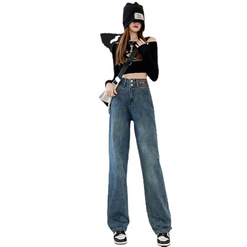 New High Waist Women's Jeans Straight Casual Pants Korean Famale Y2K Fashion Baggy Denim Loose Wide Leg Trousers Streetwear