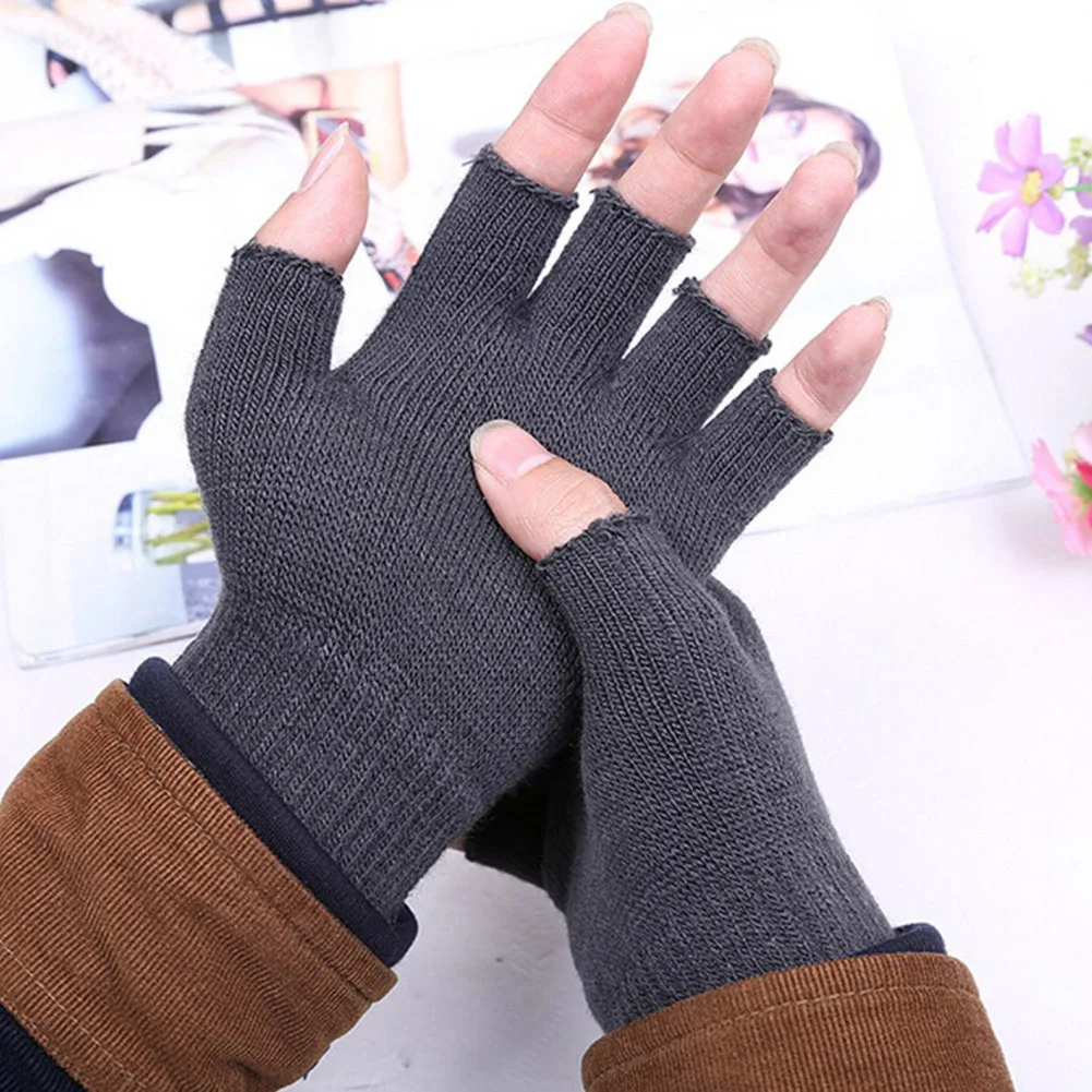 

Зимние теплые вязаные перчатки унисекс на полпальца для женщин и мужчин однотонные Черные Серые эластичные варежки без пальцев Guantes Mujer