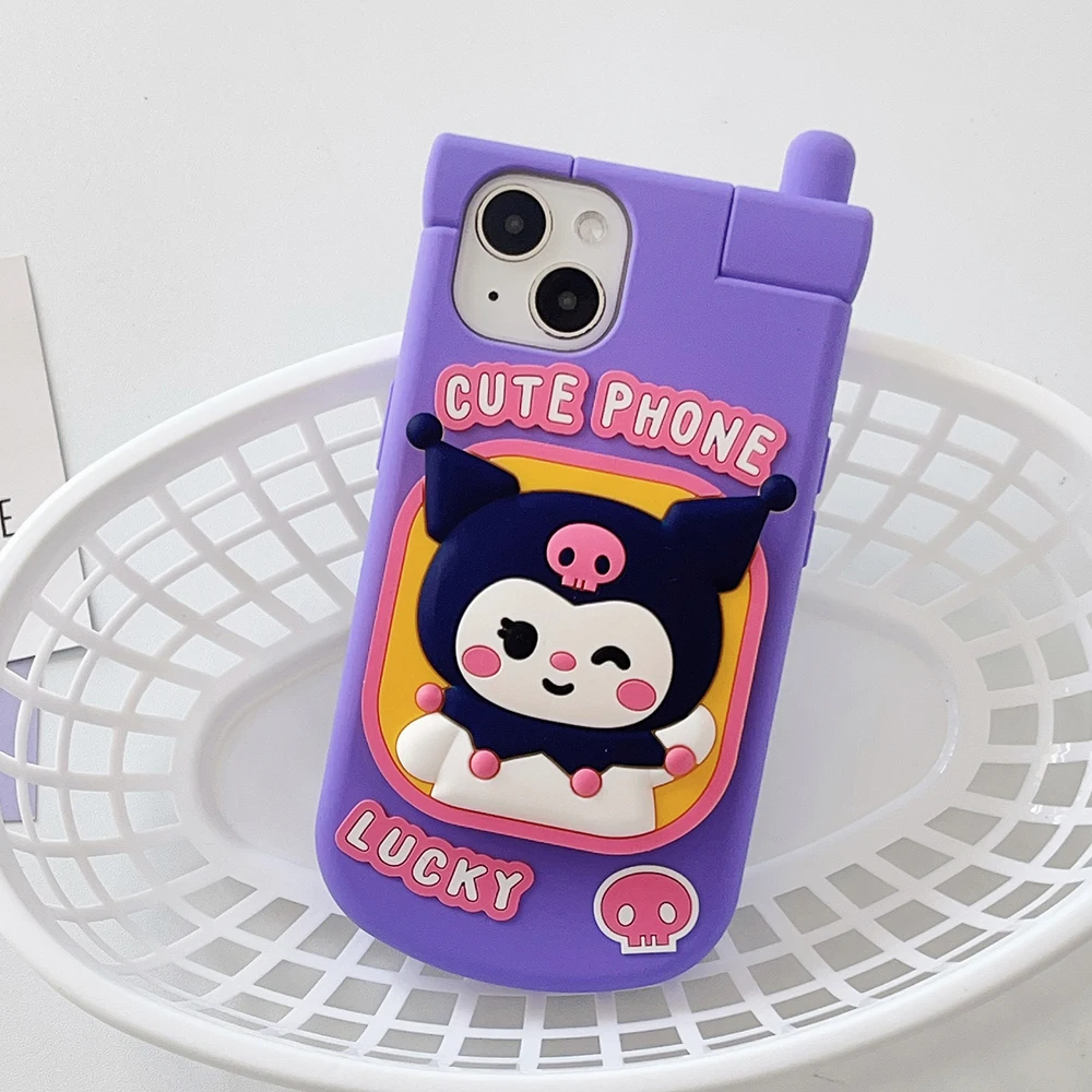 

Sanrio 3D Kuromi Telephone Flip Invisible Mirror Phone Case for IPhone 15 14 13 12 11 Pro Max Silicone Soft Anti-fall Back Cover