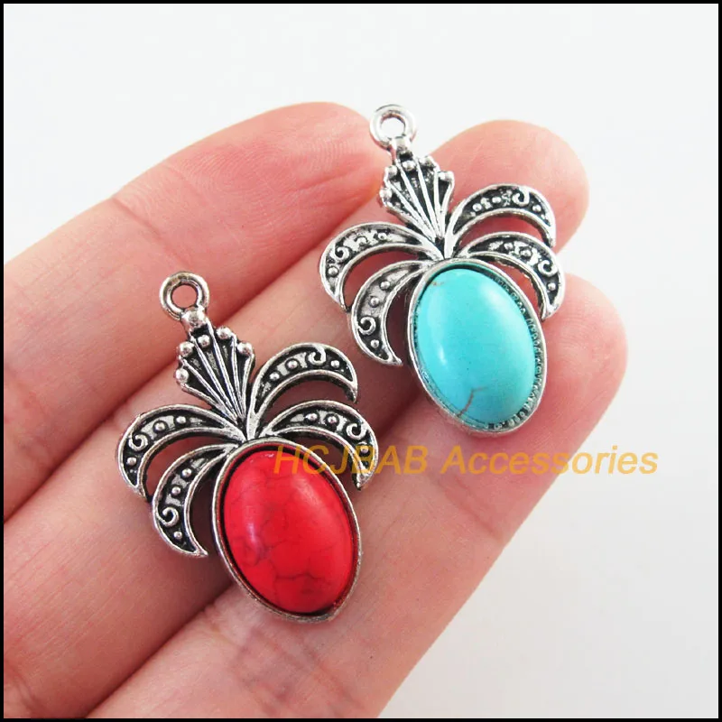 

Fashion 8Pcs Retro Tibetan Silver Tone Oval Flower Blue&Red Stone Charms Pendants 22x32mm