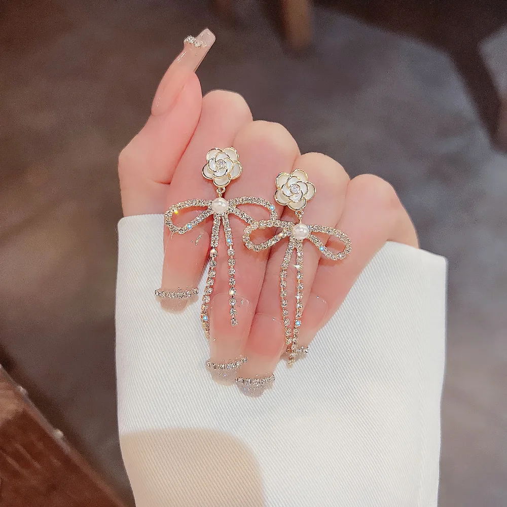 

925 Silver Needle Camellia Pearl Light Luxury High-end Bow Long Tassel Drop Dangle Earrings Fashion Rhinestone Jewelry for Women