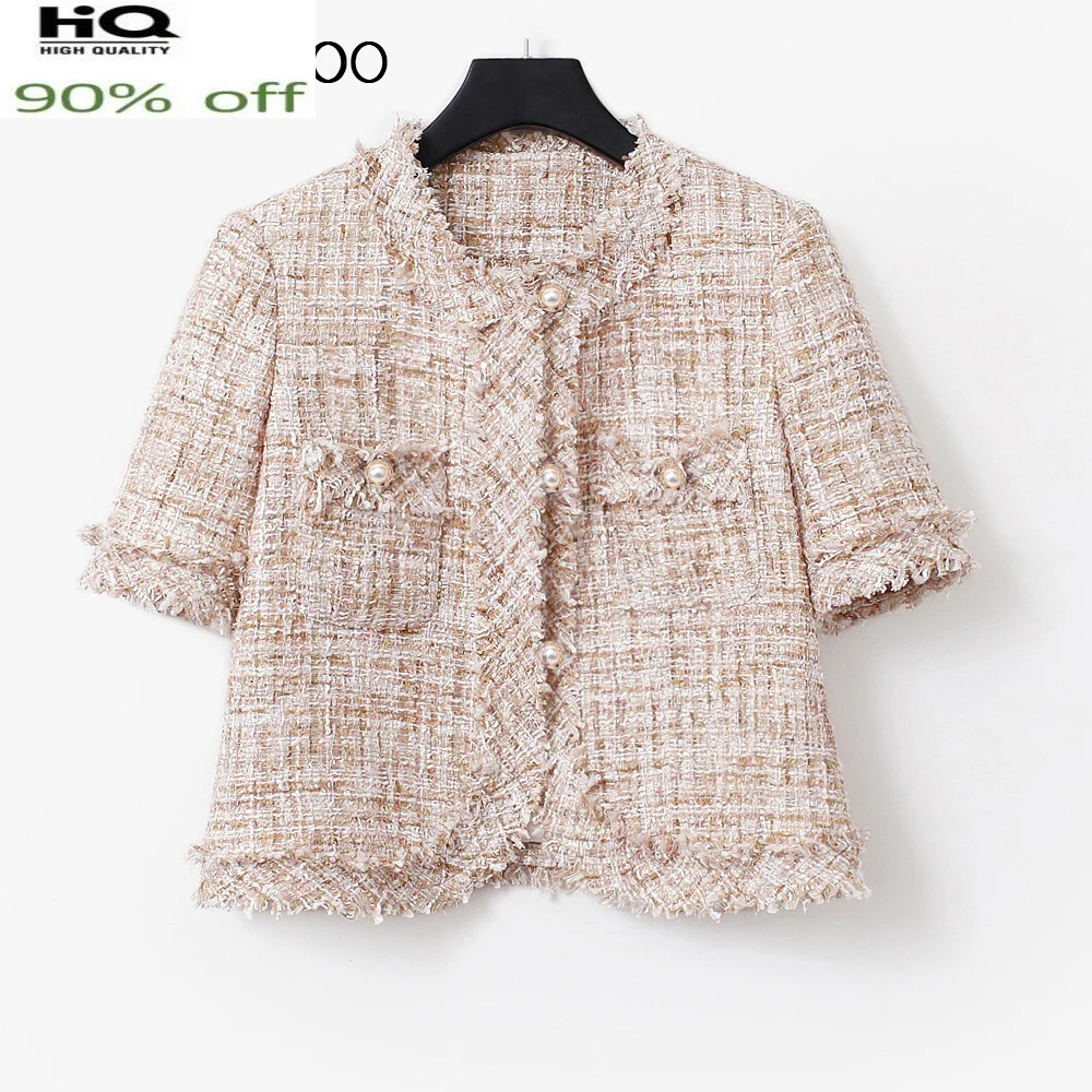 

round Women's neck thin short-sleeved tweed 2022 new summer small fragrance all-match coat