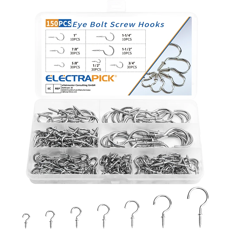 

ELECTRAPICK 150pcs Heavy Duty Cup Hooks Shouldered Screw Hanging Coat Wall Hanging Hanger Shouldered Picture Frame Screw Hooks