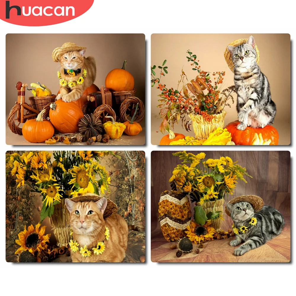 

HUACAN Oil Painting By Number Cat Sunflower Kits Picture By Number Aniaml Drawing On Canvas Decoration Children's Room Decor