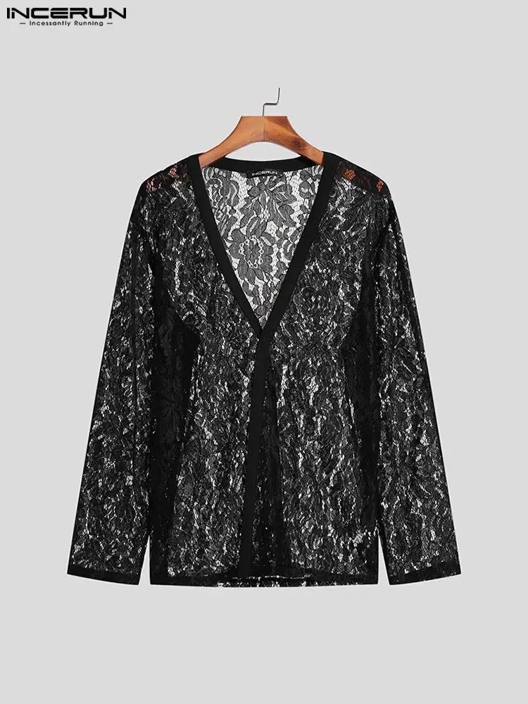 INCERUN Tops 2022 American Style Men's Collarless Design Cross Blouse Fashion Casual Male Perspective Long-sleeved Shirts S-5XL