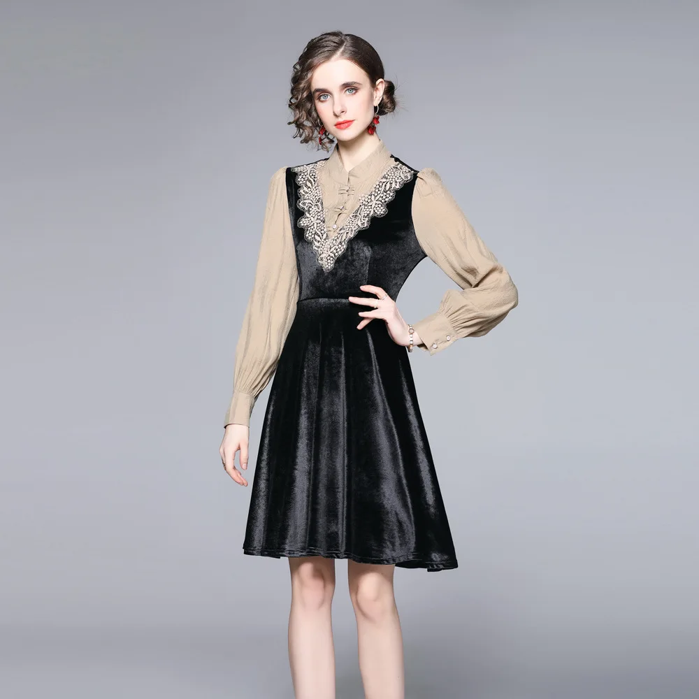 

2022 Spring Autumn Women's Clothing Diamonds Velvet Dresses C Long-Sleeved Turn-Down Collar Loose Casual All-Match Vestido Lady