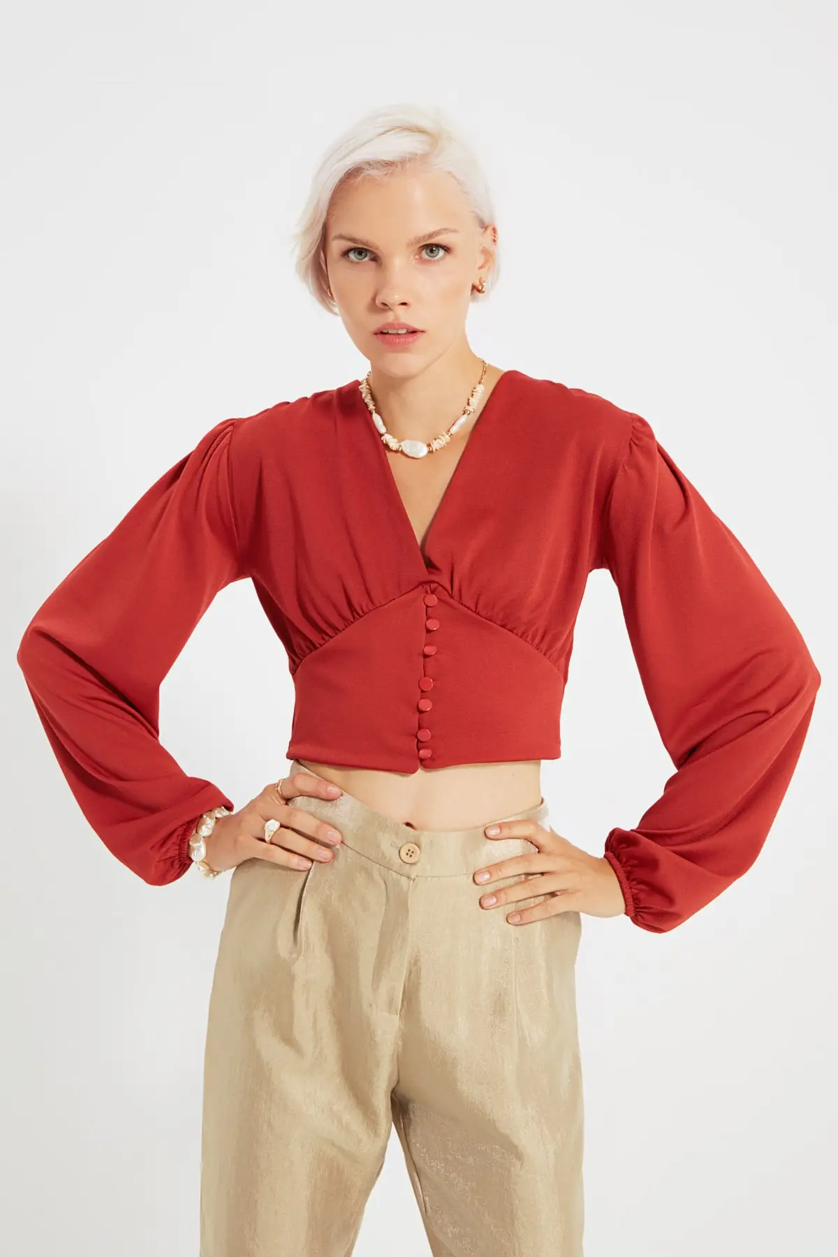 

Cinnamon Button Detail Knitted Blouse