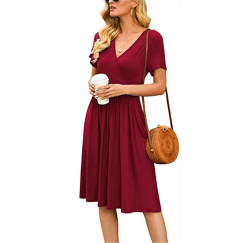 

Elegant Dress Women Casual Comfy Sexy Solid Color V-Neck Pocketed Short Sleeve Bodycon Dress 2022 Fashion Midi Dresses