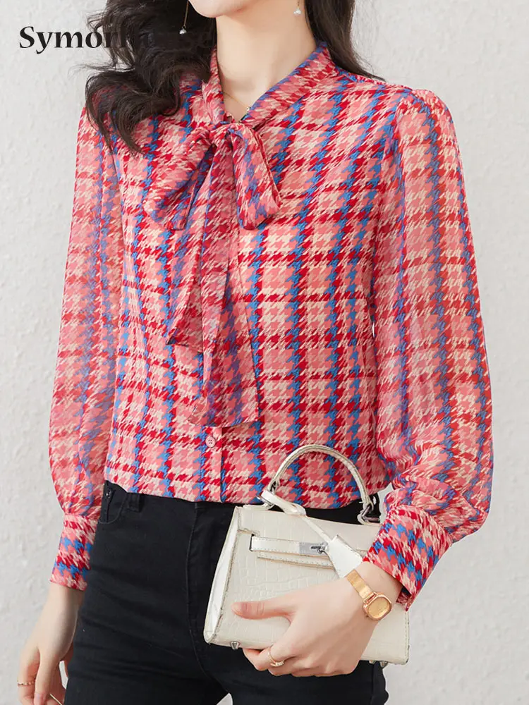 

New Spring Autumn Plaid Print Women Blouses Vintage Work Casual Tops Chiffon Blouse Elegant Lace-Up Bow Simple Loose Shirts