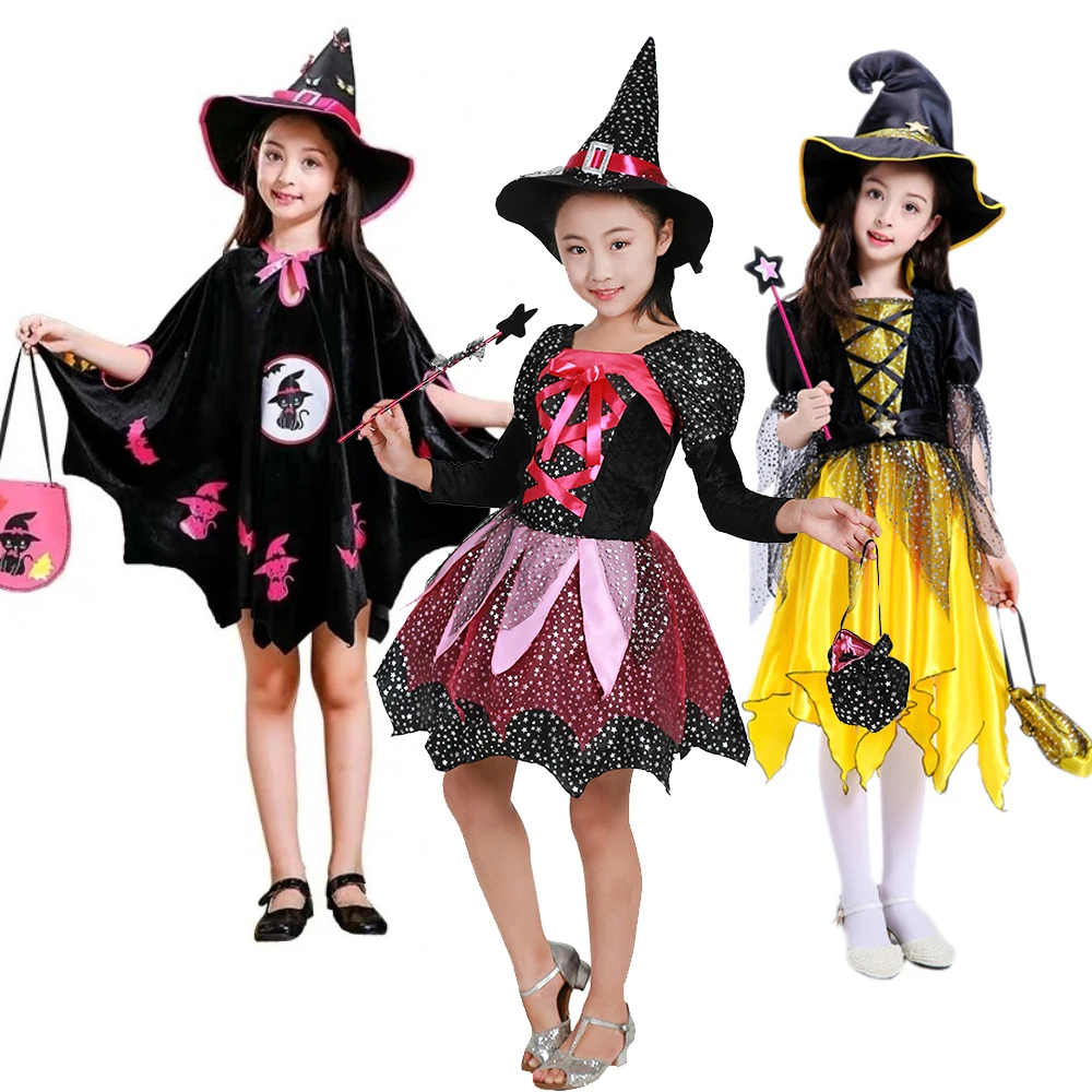 

Halloween Children Girls Witch Party Dress Gothic Tutu Dress with Hat Kids Carnival Cosplay Outfit Set Pumpkin Costume 3-15 Year