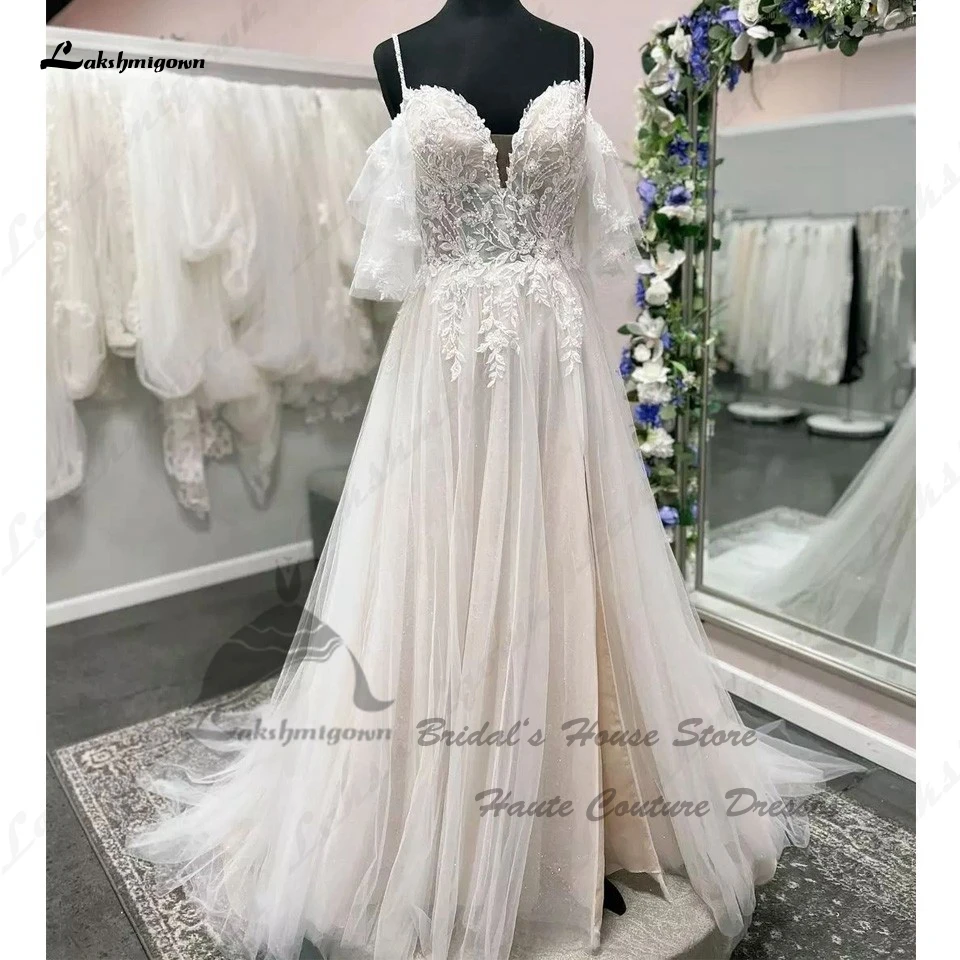 

Lakshmigown Blush Pink Beach Wedding Dress Puffy Short Sleeves 2023 Civil Bridal Boho Wedding Gowns Beading Lace Appliques