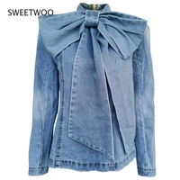 woman denim blouse bow collar zipper full sleeve high street style light blue washed tops 2022 spring fashion contracted slim