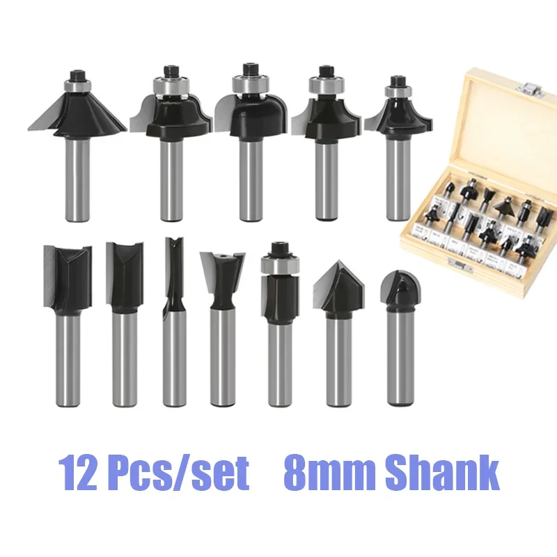 

12Pcs Woodworking Milling Cutter 8mm Shank Trimming Straight Milling Cutter Wood Bits Tungsten Carbide Cutting Woodworking Tool