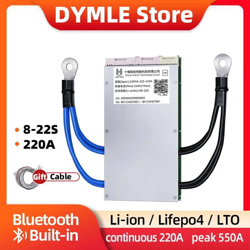 Фото ANT Smart BMS 8-22S Li-ion Lifepo4 Lto Battery Smart Balance Board 24V 36V 48V 10S 11S 12S Continuous 220A peak 550A BT Встроенный №1