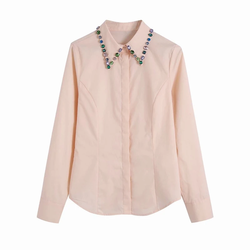 

Women Shirt With Diamond Beading Collar Summer 2022 New Fashion Full Sleeve Blouse Slim Girl Fitted Blusa Top Wears