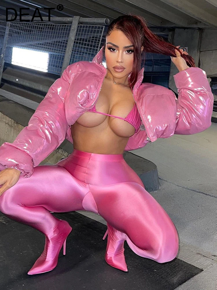 

DEAT Fashion Women's Cotton-padded Coat Turtleneck Long Sleeves Zipper Thick Warm Short Glossy Jackets Winter 2023 New 7AB678