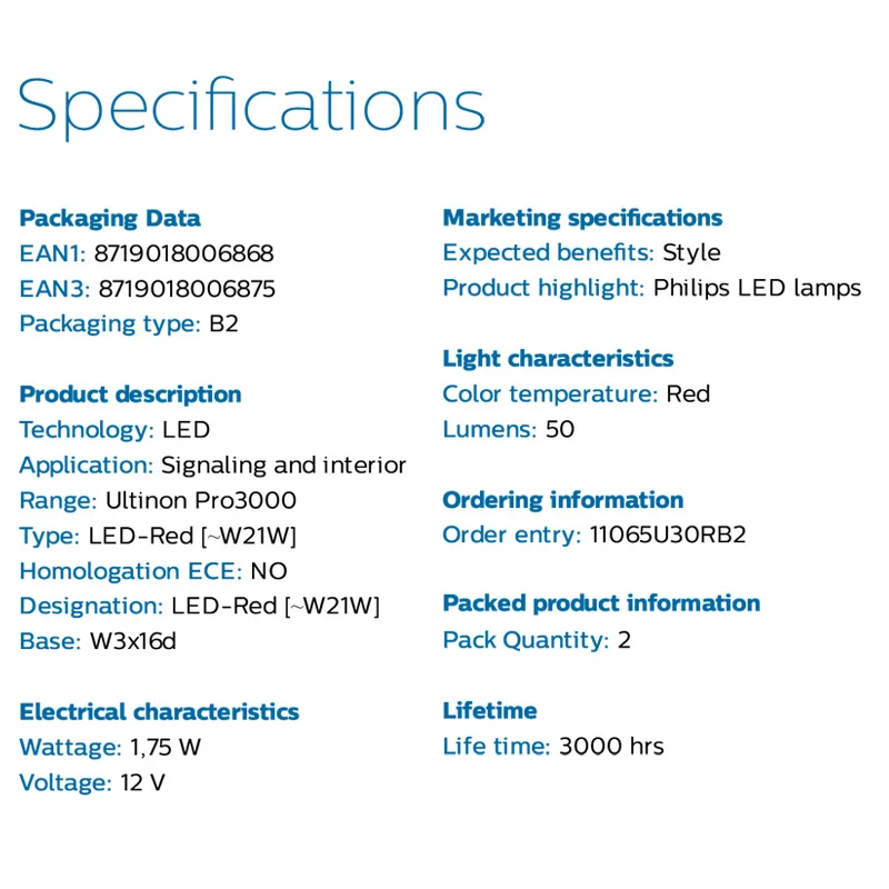 Philips LED T20 W21W 7440 Ultinon Pro3000 12 В Красные светодиодные сигнальные лампы положения